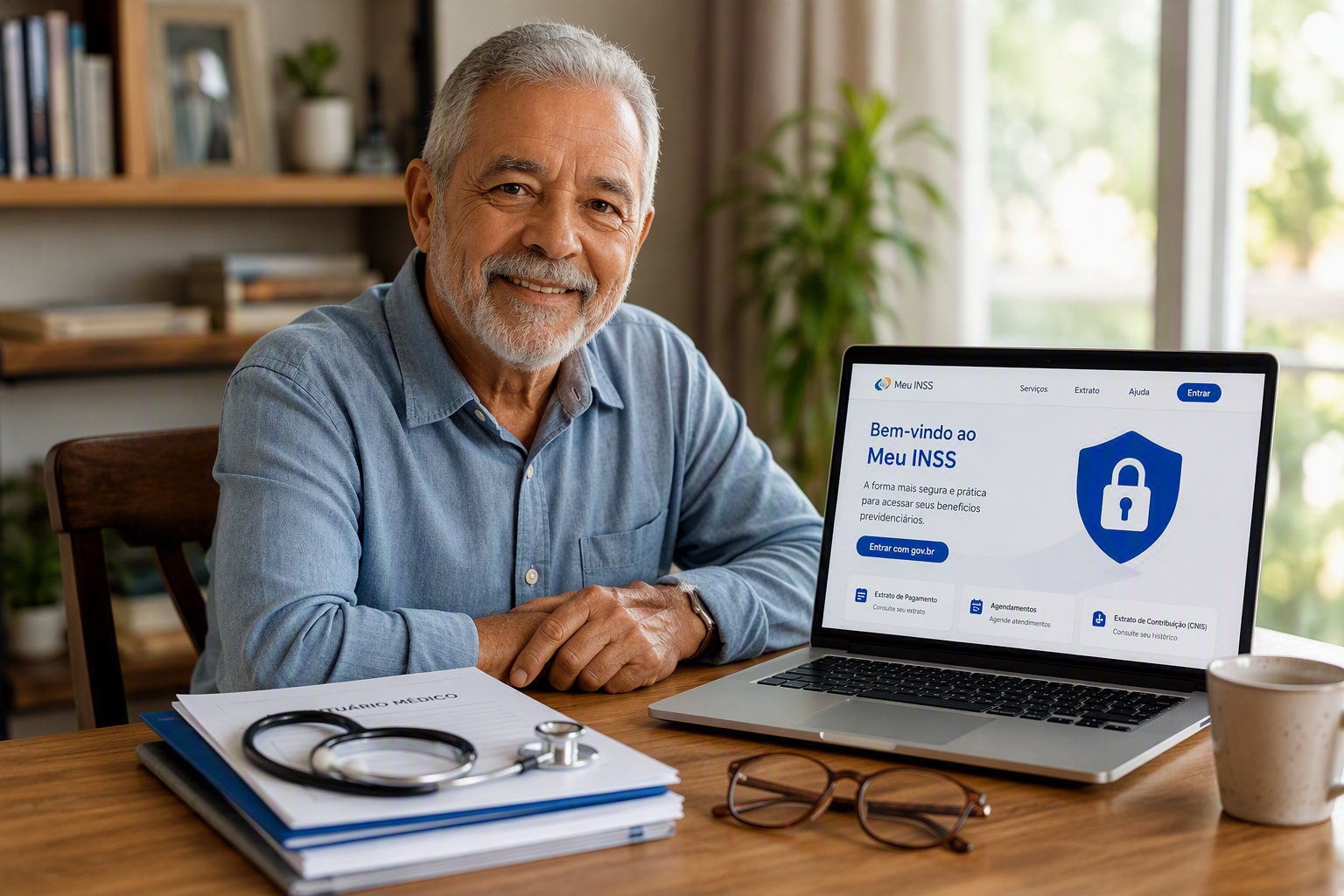 Aposentado do INSS organizando laudos médicos e computador para solicitar a isenção do Imposto de Renda por doença grave.