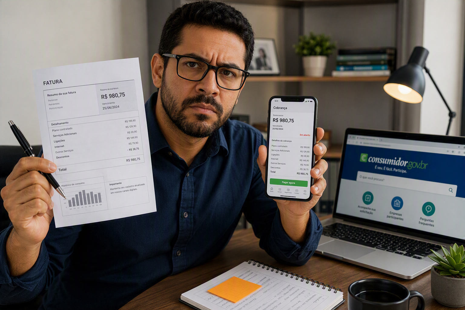 Pessoa com a fatura do cartão de crédito com descontos abusivos.