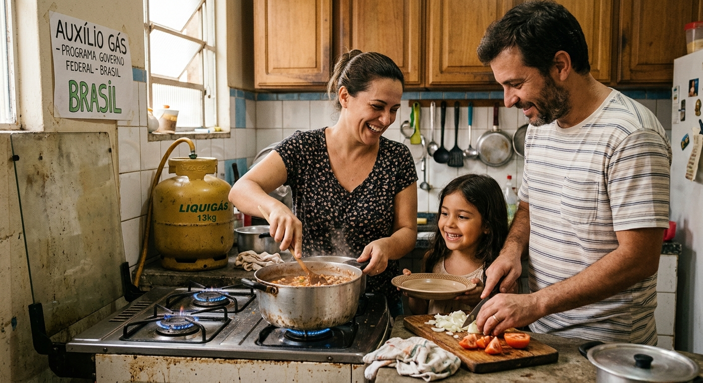 Família de baixa renda comemorando o auxílio gás.