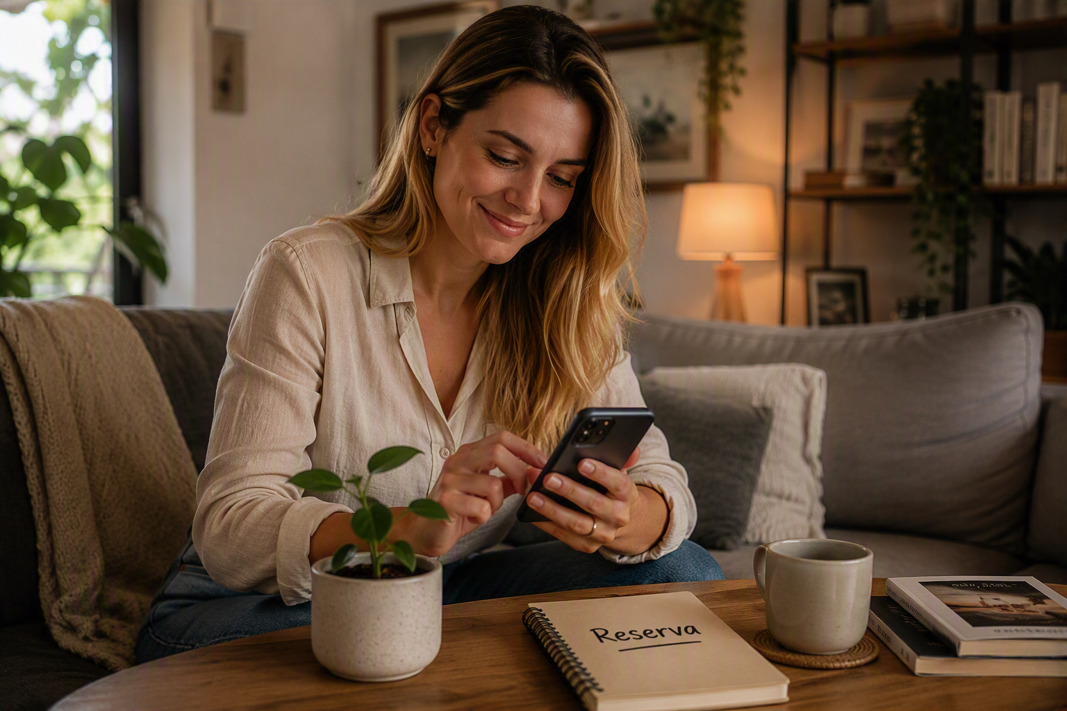 Mulher acessando o celular para consultar e planejar a reserva financeira.
