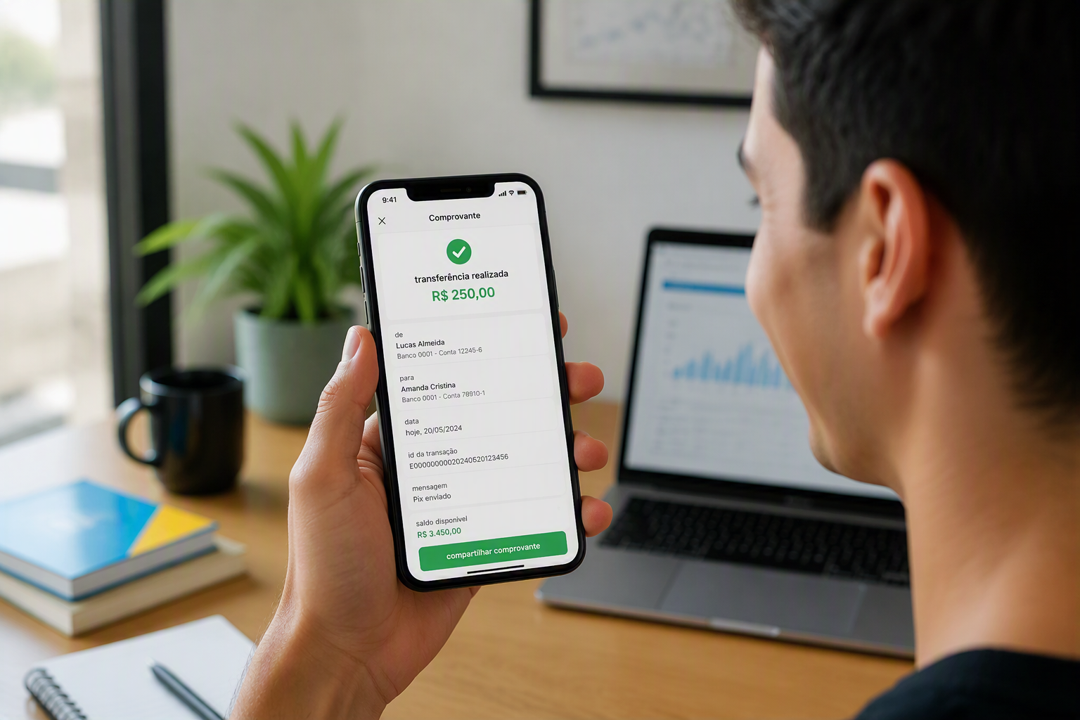 Pessoa conferindo comprovante de transferência sem taxas no aplicativo do banco no celular.